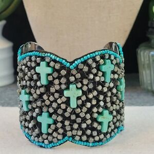 Turquoise Cross Beaded Wide Cuff Bracelet Silver Tone Boho Southwestern 6.5in